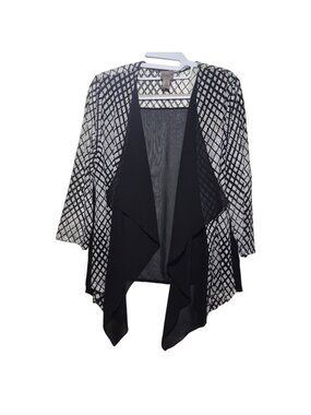 Black & White Diamond Print Open Front Cardigan Sheer Draped Lightweight Size 1